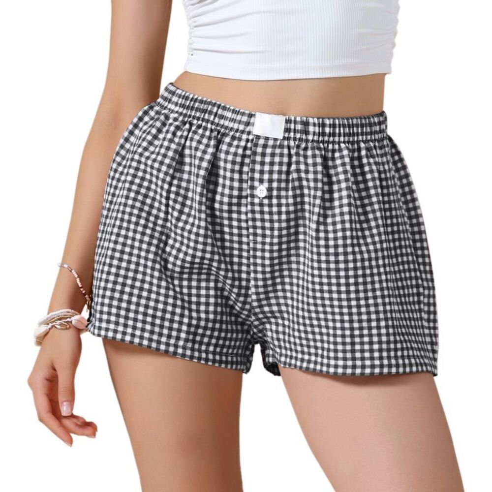 Women Summer Comfy Breathable Gingham Buttons Shorts Black